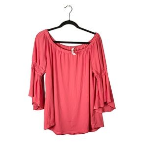 NY Collection Pink Boho Flowy Bell Sleeve Business Casual Stretchy Blouse